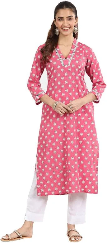 Rose Pink Butti Print Straight Kurti Set